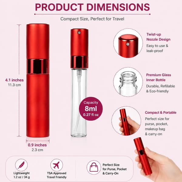 4-pack 8 ml påfyllningsbara parfymatomizers, läckagesäker insida, aluminiumskal Red
