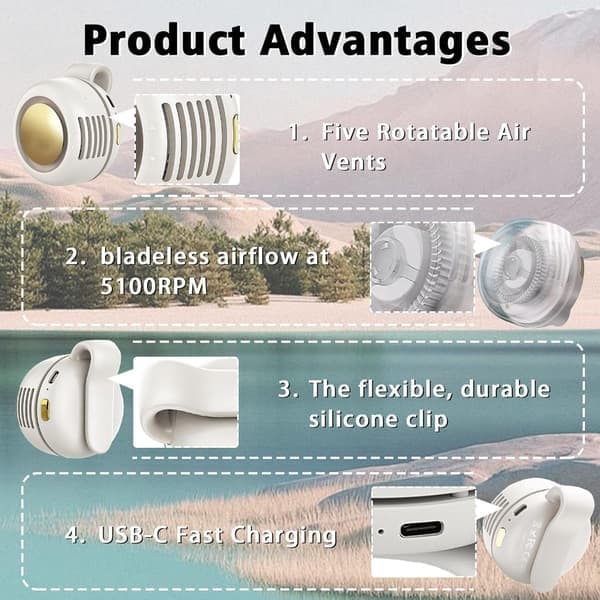 Bærbar clip-on ventilator, mini USB-genopladelig 360° roterbar ventilator, 3-trins støjsvag mini bladløs ventilator, hvid White
