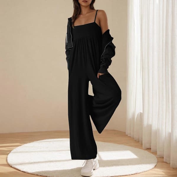 Dame Jumpsuit med Brede Ben og Tynde Stropper Sort M Black M