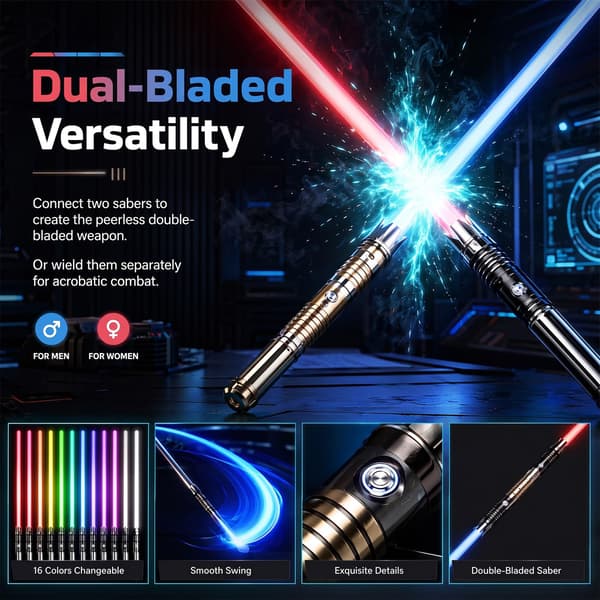 Kaksintaistelusapeli, 16 väriä, 4 tilaa ja FX-äänet, 2-in-1 valosapelit Gold+Black(2pack)