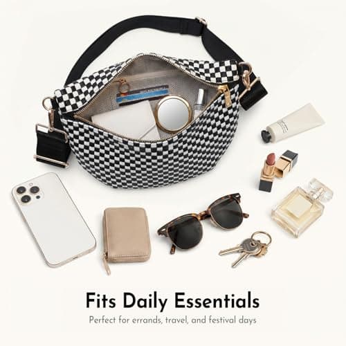 Vævede Crossbody Tasker til Kvinder Ternede Bæltetasker Dame Taljetaske Sling Pung med Bred Rem til Rejser Black Grid
