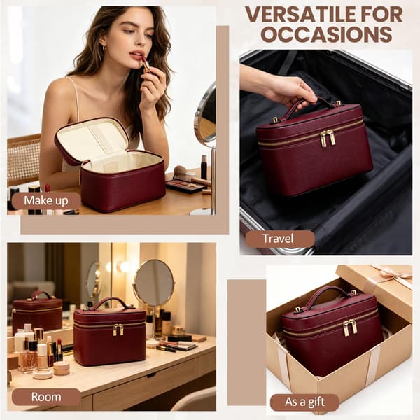 PU læder rejse makeuptaske Hård kosmetikarrangør Vanity Case til kvinder Burgundy