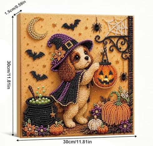 Gør-det-selv perlemalingssæt med ramme 12 tommer spaniel heksegræskar lanterne Spaniel Witch with Pumpkin Lantern