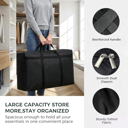 Stor rejsetaske, sammenfoldelig opbevaringstaske, overdimensioneret flyttetaske, multifunktionel håndbagage, sort, medium Black Medium