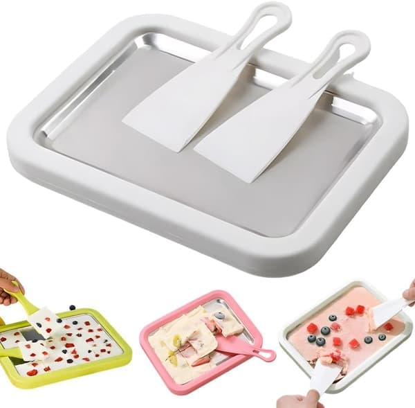 2026 Roller Ice Cream Maker Kit - Rostfri Instant Freezer Tray med 2 Skrapor, Enkel DIY Hem Dessert Set (Vit)