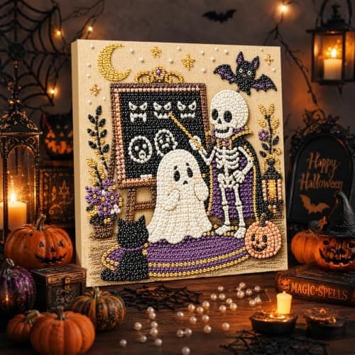 Gör-det-själv Pärlmålningskit med Ram 8 tum Spökskelett Klassrum Ghost and Skeleton Classroom