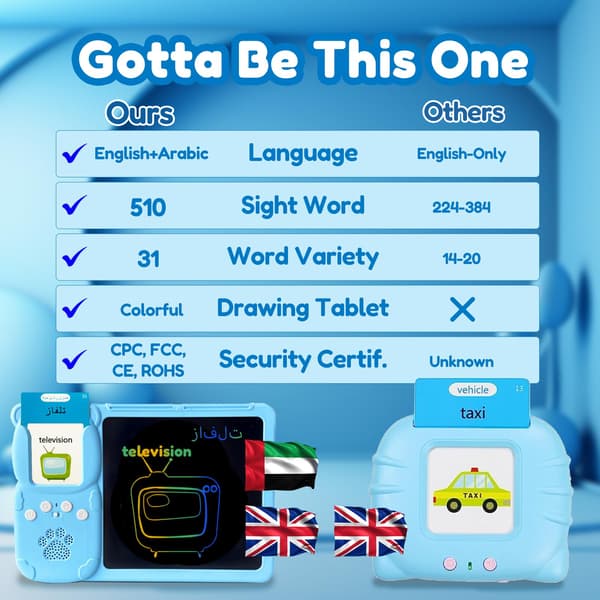 Skriveplade med tosprogede flashkort til børn, arabisk, blå Blue Arabic