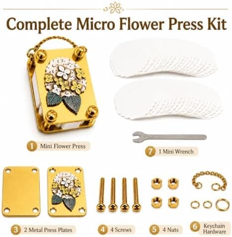 Mini blompress nyckelring - Handgjord mikro presskit i guldmetall med 20 ark Hydrangea