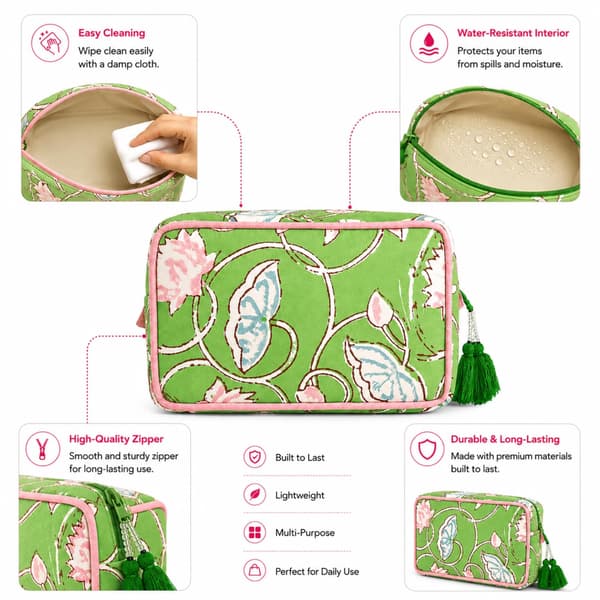 Huar Rejse Makeuptaske - Kosmetiktasker med stor kapacitet til kvinder Lime & Pink Floral