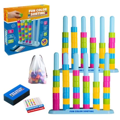 2-pack färgstaplingsutmaningsspel – 50 kort och 80 ringar