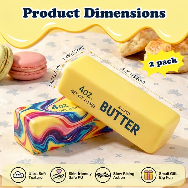 2-pack långsamt stigande smör-squishy fidgetleksaker för vuxna sensoriska klämleksaker Yellow & Rainbow