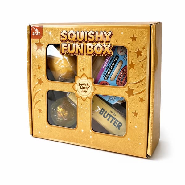 4-delad guldig Squishy Fun Box, blandade matglitter och dumpling sensoriska stressavlastningsleksaker i presentförpackning