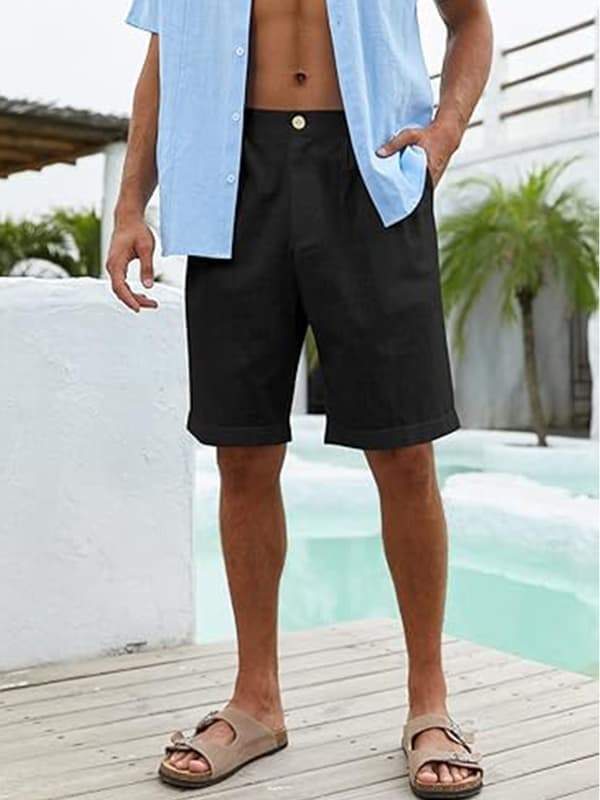 Fritidsshorts för män i bomullslinne, elastisk midja, svarta, storlek 2XL black 2XL