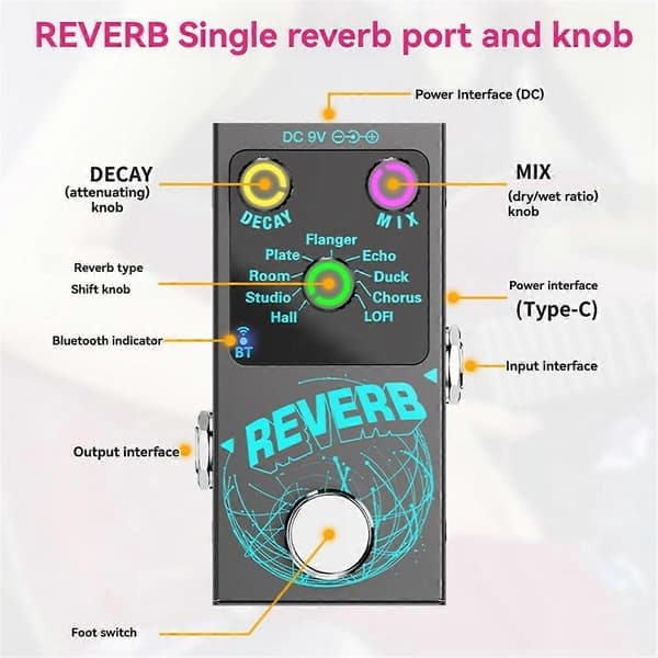 Gitarr Digital Reverb Effektor Reverb Effektpedal Enhet Inbyggd 9Digital Baserad True Bypass Specialgåva