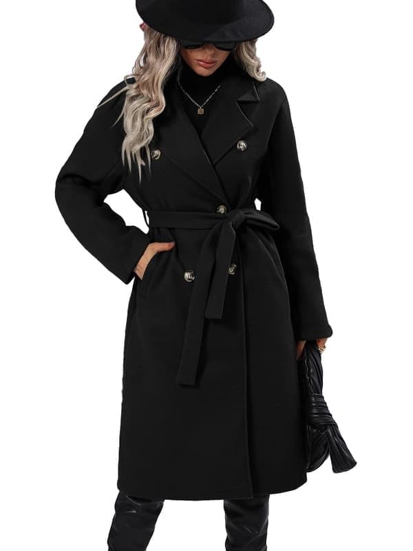 Lang uld-peacoat til kvinder med krogkrave, dobbeltradet trenchcoat, sort, størrelse M black M