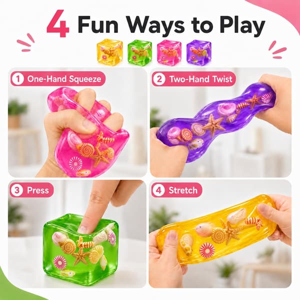Isbit Squishy Stressbolde, Langsomt Stigende Sensorisk Fidget Legetøj med Havskaller Indeni Firkantet Blød Sensorisk Angstlindrende Klemme Terning til Bule-2