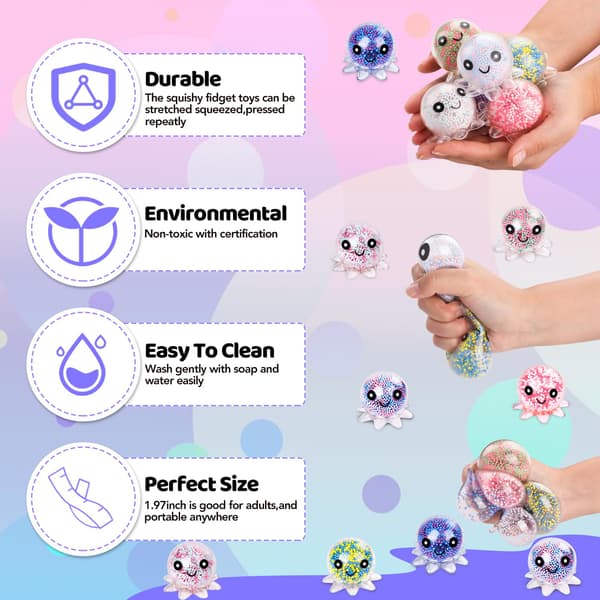 24-pak blæksprutte-stressbolde sæt til børn og voksne | Søde klemme-fidget-legetøj til angst- og stresslindring, perfekte festgaver til påske 24pcs Octopus Squishy Ball