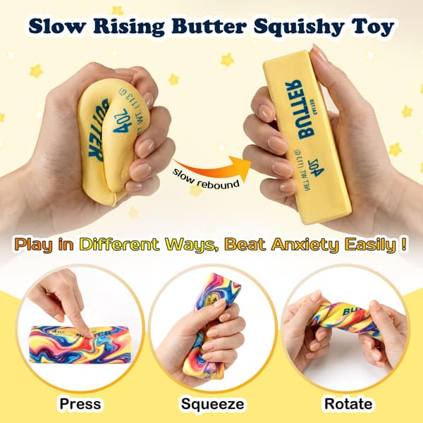 2-pack långsamt stigande smör-squishy fidgetleksaker för vuxna sensoriska klämleksaker Yellow & Rainbow