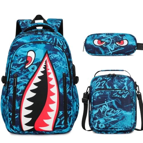 Rygsæk til drenge, 3 STK Cool Lysende Haj Drenge Rygsæk med Madkasse Blue Graffiti Backpack