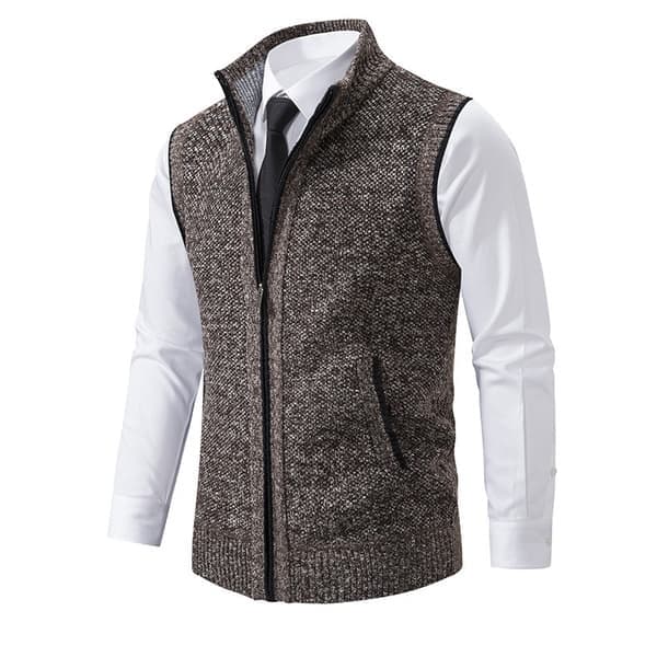 Fleecevest til mænd med lynlås, varm strikket sweatervest til vinter, brun, størrelse L brown L