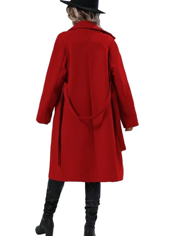 Lang ullfrakk for kvinner med hektekrage, dobbeltspent trenchcoat, rød, størrelse M red M