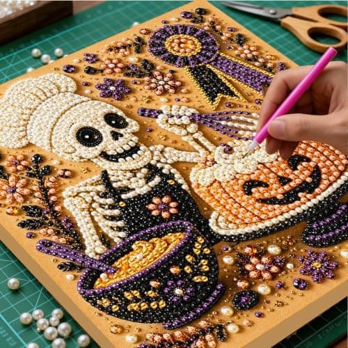 DIY Perlemalingssett med ramme 8 tommer Skjelettkokk Gresskarkake Skeleton Chef Pumpkin Cake
