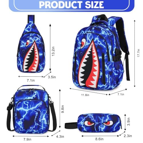 Rygsæk til drenge, 4 STK Cool Lysende Haj Drenge Rygsæk med Madkasse Blue Lightning Backpack&Shoulder Bag
