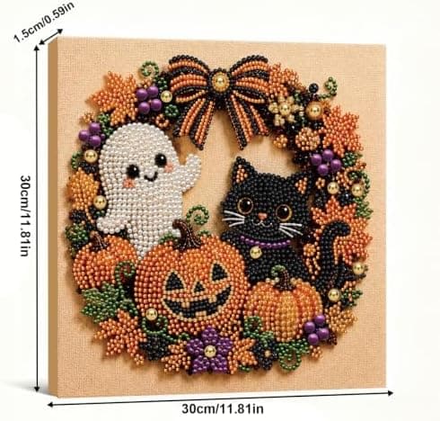 DIY Perlemalerisæt med ramme 12 tommer spøgelse og sort kat krans Ghost and Black Cat Wreath