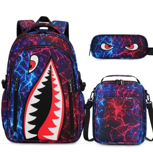 Rygsæk til drenge, 3 STK Cool Lysende Haj Drenge Rygsæk med Madkasse Red Blue Backpack