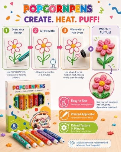 Popcorn Puffy Pens, 3D-taikapiirustuskynä 6 värin kuplataidetussisetti (#B) #B