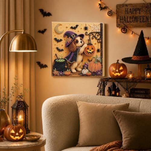 Gør-det-selv perlemalingssæt med ramme 12 tommer spaniel heksegræskar lanterne Spaniel Witch with Pumpkin Lantern