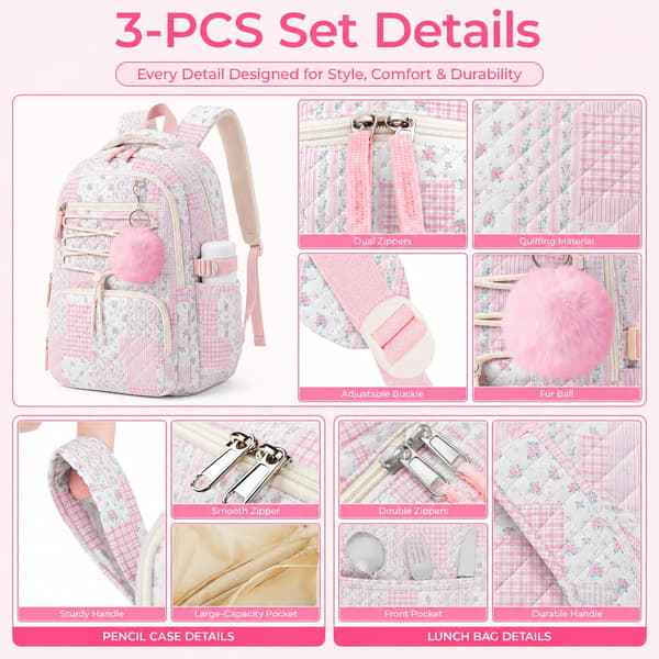 WOBAGMEN 3 delar quiltat ryggsäcksset för flickor med lunchväska och pennfodral Pink Floral Patchwork