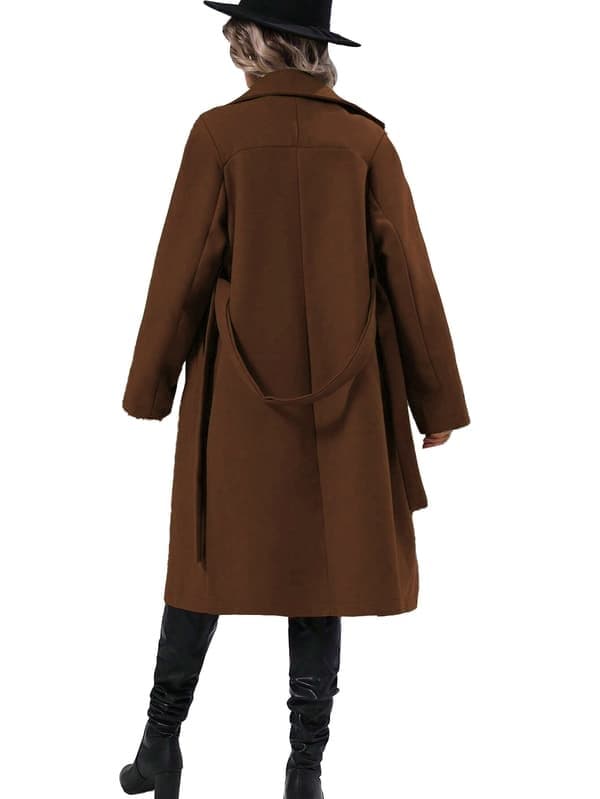 Lang ullfrakk for kvinner med hektekrage, dobbeltspent trenchcoat, brun, størrelse M brown M