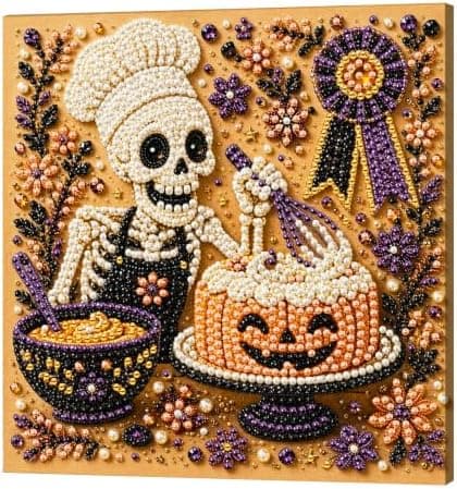 DIY Perlemalingssett med ramme 8 tommer Skjelettkokk Gresskarkake Skeleton Chef Pumpkin Cake