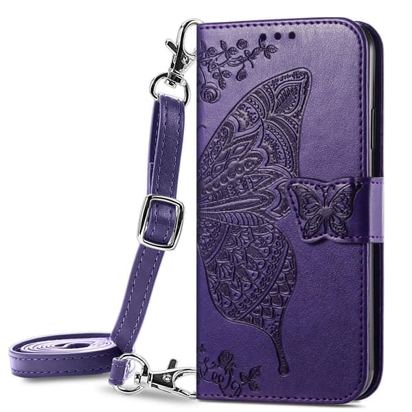 Fodral för iPhone 14 Pro Max Mörklila Läder Crossbody Midja Axel Lång Dragsko Plånbok