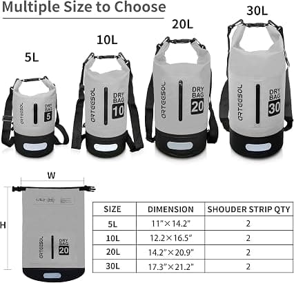 Vanntett tørrpose 5L 10L 20L 31L Vanntett pose med lang justerbar stropp GREY 20L