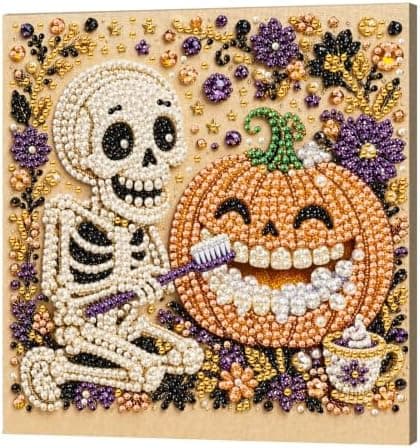 DIY Perlemalingssett med ramme 8 tommer Skjelett Gresskar Tenner Moro Skeleton Pumpkin Teeth