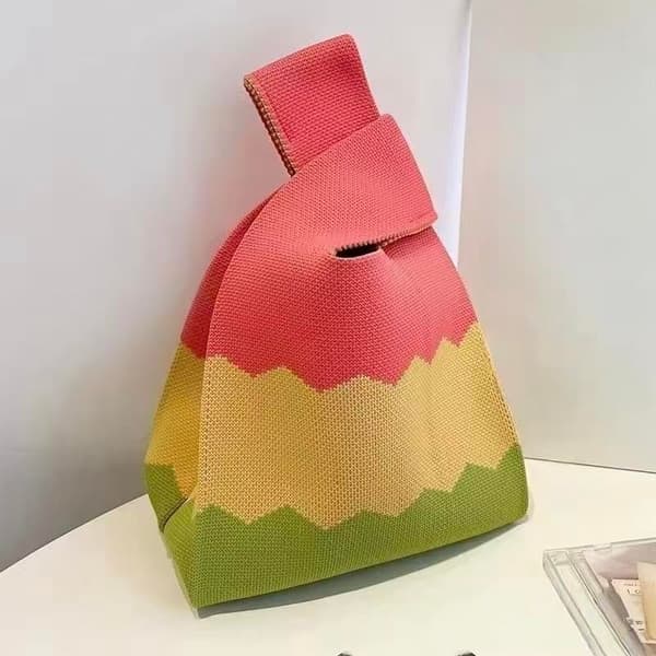Randig stickad handledsväska mini dam vardagsresor blixtlåsficka handväska Off-white