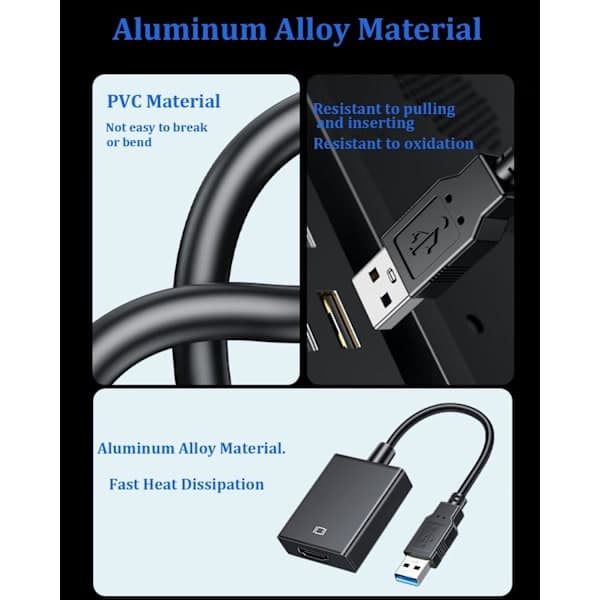 USB til HDMI-adapter, USB til HDMI-adapter, USB 3.0/2.0 til HDMI lyd- og videoadapter, 1080P HD video grafikkabelkonverter for PC, bærbar PC, HDTV
