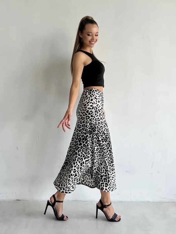 Satin Leopardmönstrade Kjolar Hög Midja Elastisk Midja Långa Kjolar, Vit, Storlek L white L