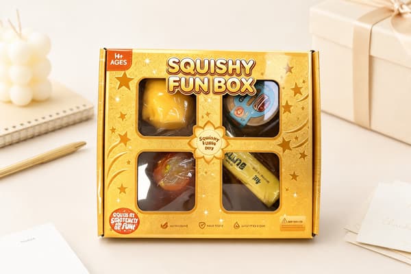 4-delt gull Squishy Fun Box, kompakt matglitter og dumpling sensorisk stressavlastningsgavesett