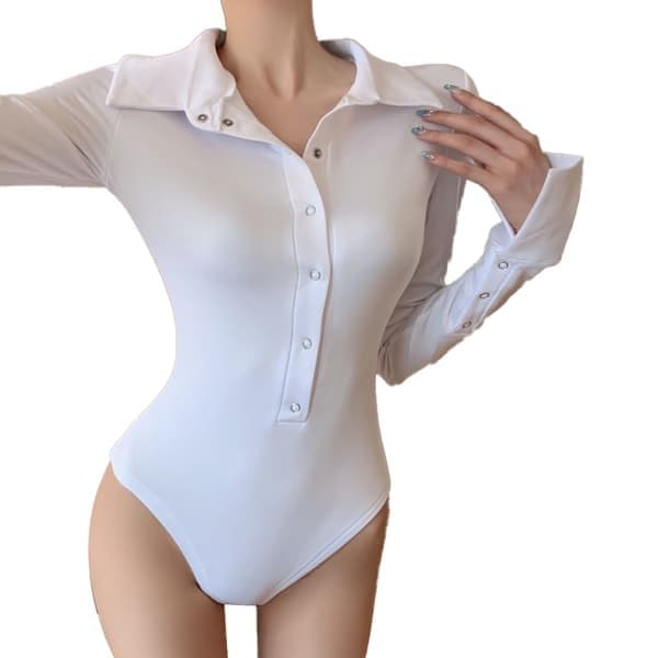 Dam långärmad bodysuit med nedvikt krage, vit, storlek L white L