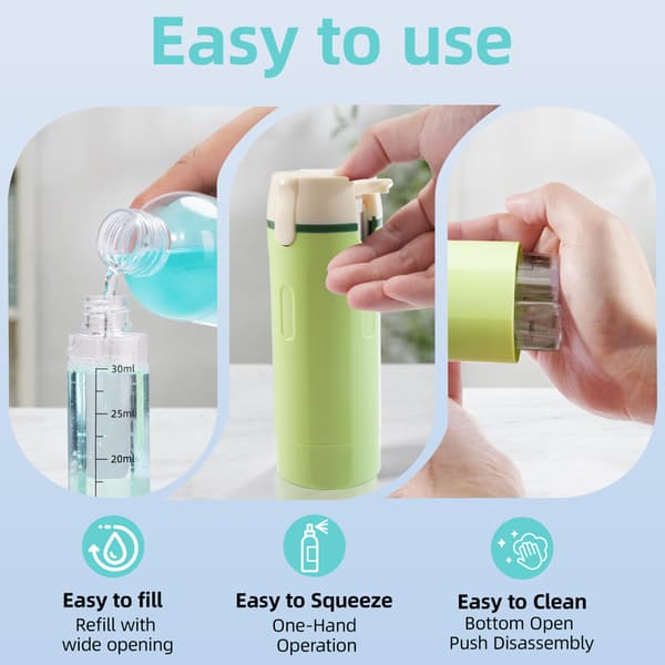 2-pack 4-i-1 resebehållare, läckagesäkra roterbara pumpflaskor med etiketter, bärbara toalettflaskor för schampo, Green&white