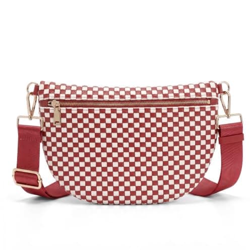 Vævede Crossbody Tasker til Kvinder Ternede Bæltetasker Dame Taljetaske Sling Pung med Bred Rem til Rejser Red/White Grid