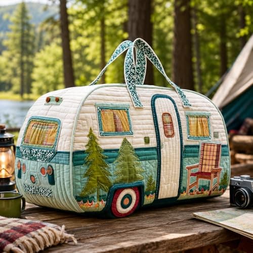 Sød hvalp quiltet duffel håndtaske, blomstret patchwork rejsetaske til camping, picnic, korte ture daglig opbevaring Camper Pine Tree 1
