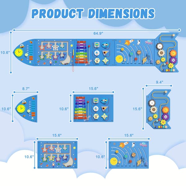 Spacocld Rocket Activity Wall Busy Board Paneler - Sensorisk Väggpanel för Barn, Montessori Småbarns Väggaktivitetsbräda, Väggleksaker för Småbarn 3, 5 Pieces Blue Rocket