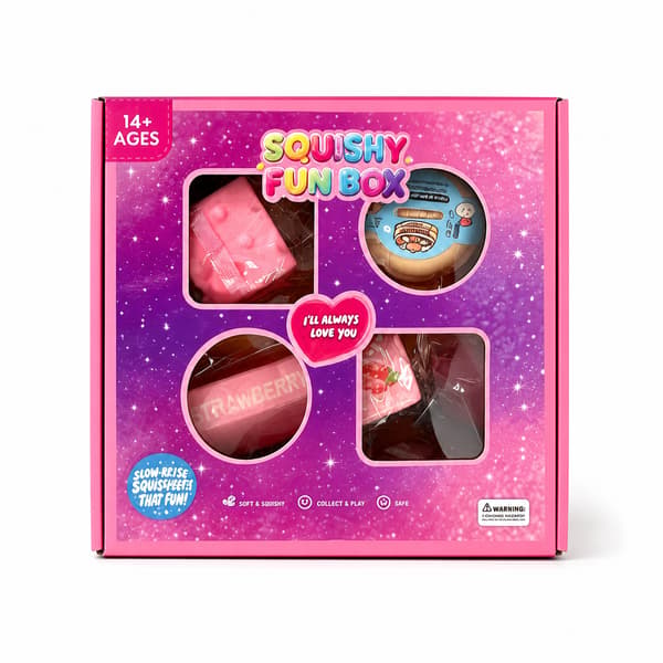 4-delad rosa Squishy Fun Box, kompakta blandade mat-sensoriska stressavlastningsleksaker i presentförpackning med fönster