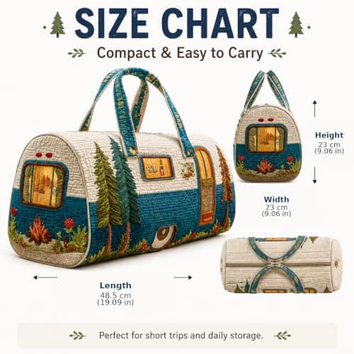 Sød hvalp quiltet duffel håndtaske, blomstret patchwork rejsetaske til camping, picnic, korte ture daglig opbevaring Camper Pine Tree 2