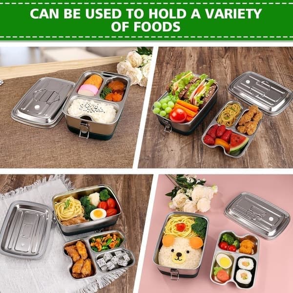 304 Rustfritt Stål Lekkasjesikker 3 Rom Bento Boks 2000ml Voksen Barn Matboks 22 X 15.5 X 9cm
