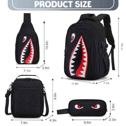 Rygsæk til drenge, 4 STK Cool Lysende Haj Drenge Rygsæk med Madkasse Black Backpack&Shoulder Bag
